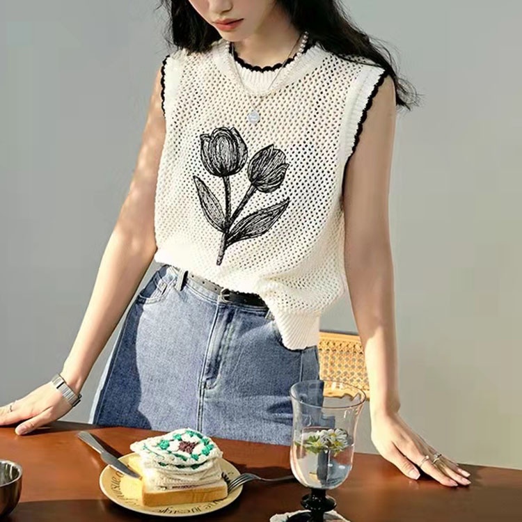 NZN Áo thun dệt kim sát nách in hình hoa tulip trẻ trung hợp thời trang cho bạn gái