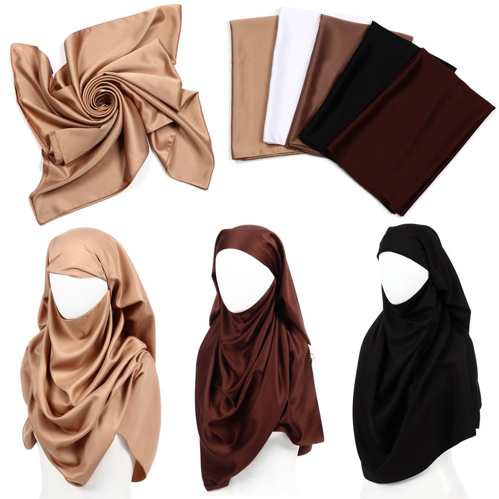 Khăn Choàng Hijab Bằng Lụa Satin Mềm Mại Màu Trơn Thoáng Khí Phong Cách Hồi Giáo 180x70cm Cho Nữ