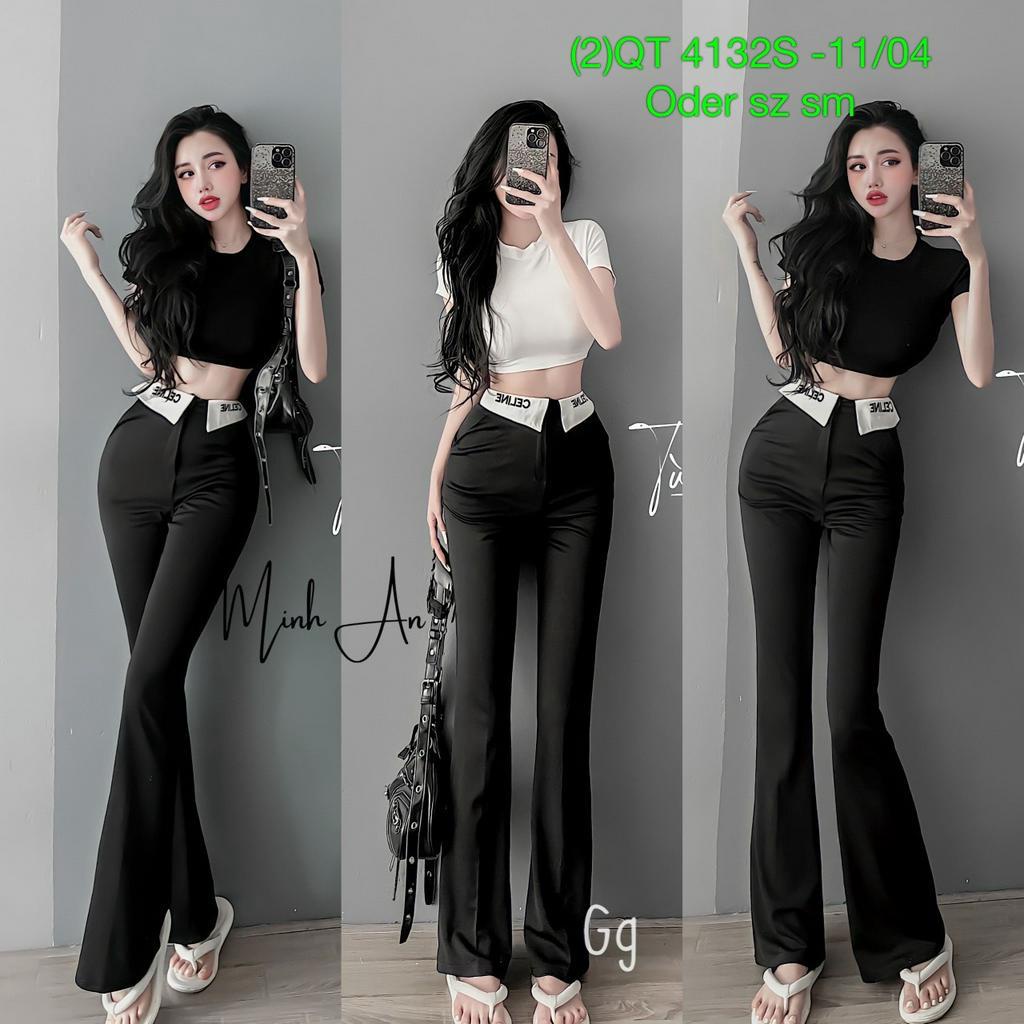 Set nữ áo thun croptop tay ngắn mix quần ống loe chất tuyết mưa dáng dài kiểu gấp lai in chữ xinh hot