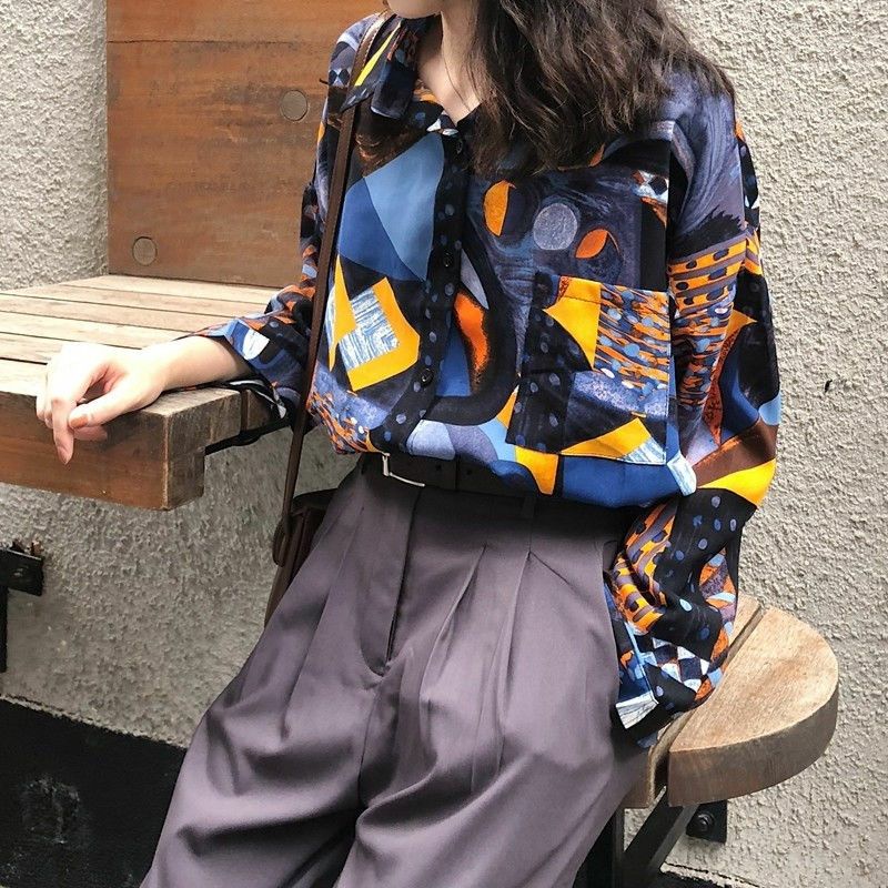 Áo Sơ Mi Nữ Tay Dài Form Rộng Unisex In Họa Tiết Màu