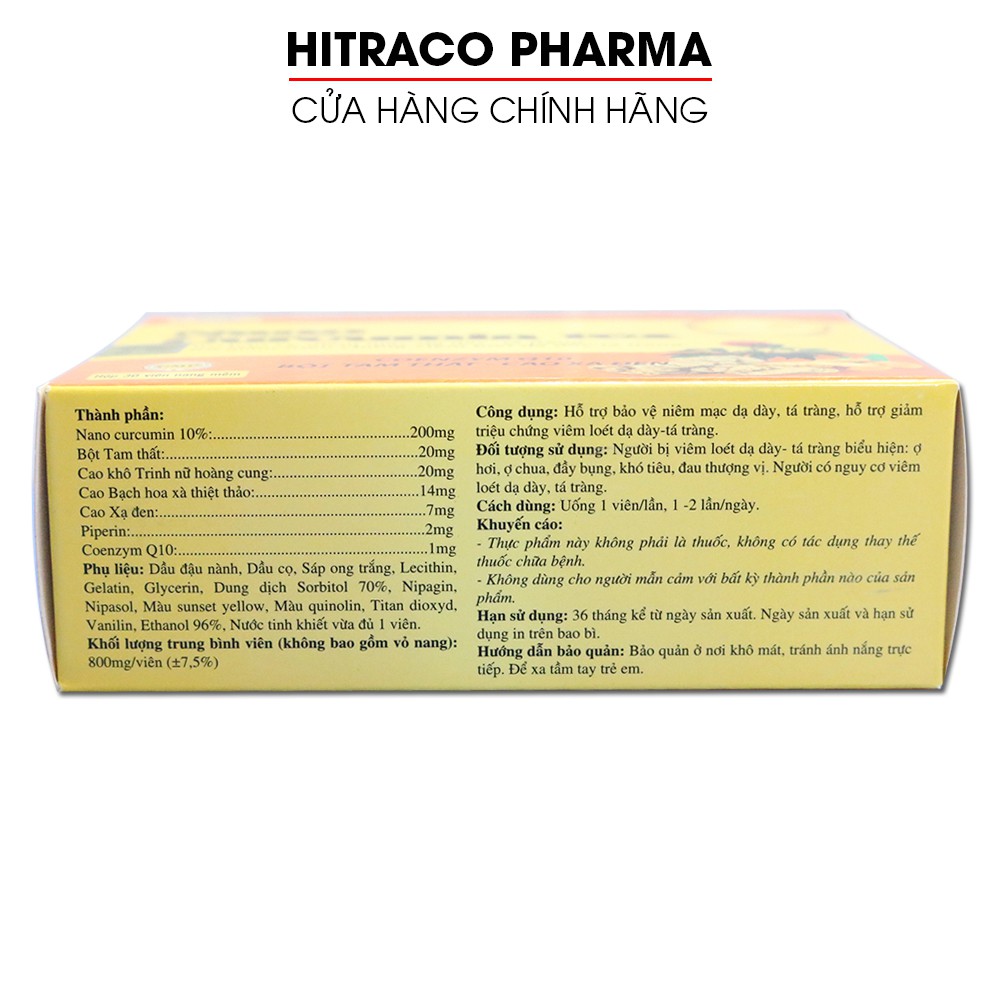Viên uống Nano Curcumin Tex bột tam thất hỗ trợ giảm triệu chứng viêm loét dạ dày tá tràng Hộp 30v