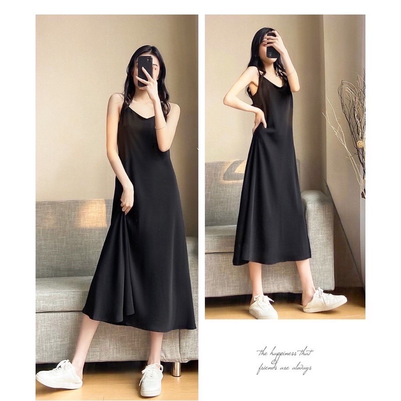 ĐẦM 2DÂY ĐŨI-Váy đũi xước suông cổ tym dáng basic 2 màu đen-kem dài 1m15