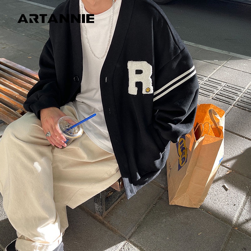 Áo Khoác Len Cardigan Cổ Chữ V Màu Trơn Thêu Chữ Phong Cách Retro Hàn Quốc Dành Cho Nam Size M-3XL 3XL