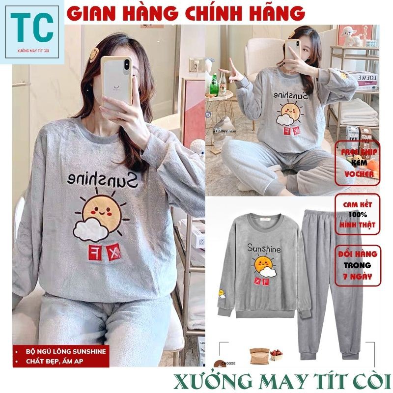 Set bộ ngủ lông gấu thêu chữ sunshine, đồ ngủ nỉ bông nữ mặc nhà thu đông dài tay siêu ấm họa tiết đáng yêu, Tjt Còi 1