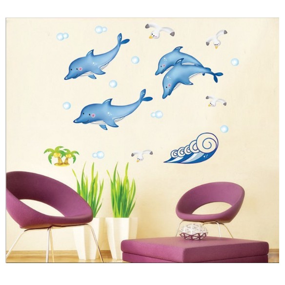 Decal trang trí bốn chú cá heo- DẠ QUANG