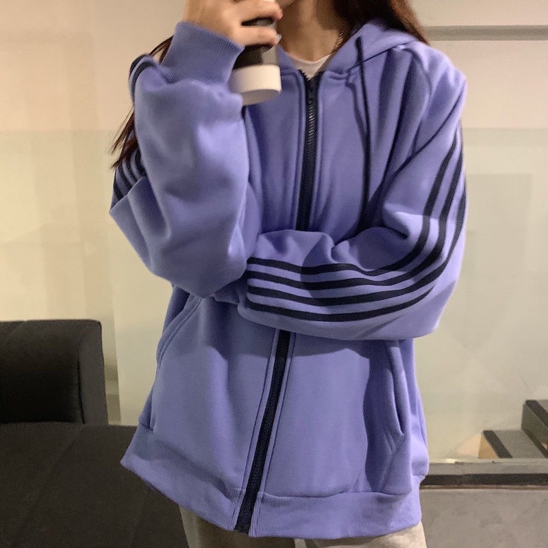 Áo khoác hoodie zip kẻ sọc form rộng mũ 2 lớp