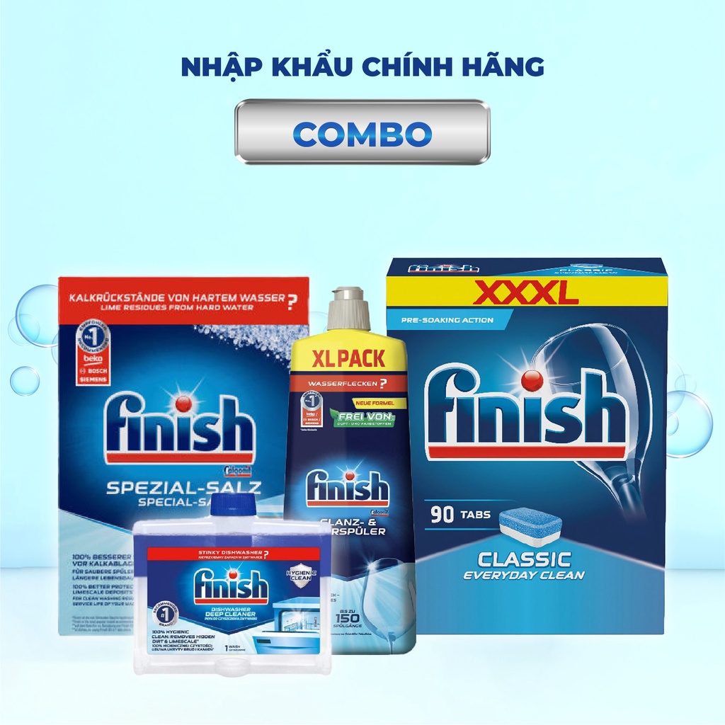 COMBO FINISH: VRB Classic 90 viên + Bóng 750ml + Muối 1,2kg + Dung dịch vệ sinh