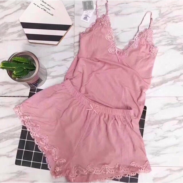 Mẫu hot*Bộ ngủ 2 dây chất  thun tăm lạnh phối ren cực đẹp siêu mát siêu mềm