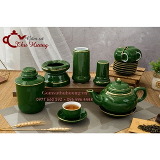ấm chén Bát Tràng_Bộ trà dáng Chuông men Ngọc Lục Bảo vàng kim & phụ kiện