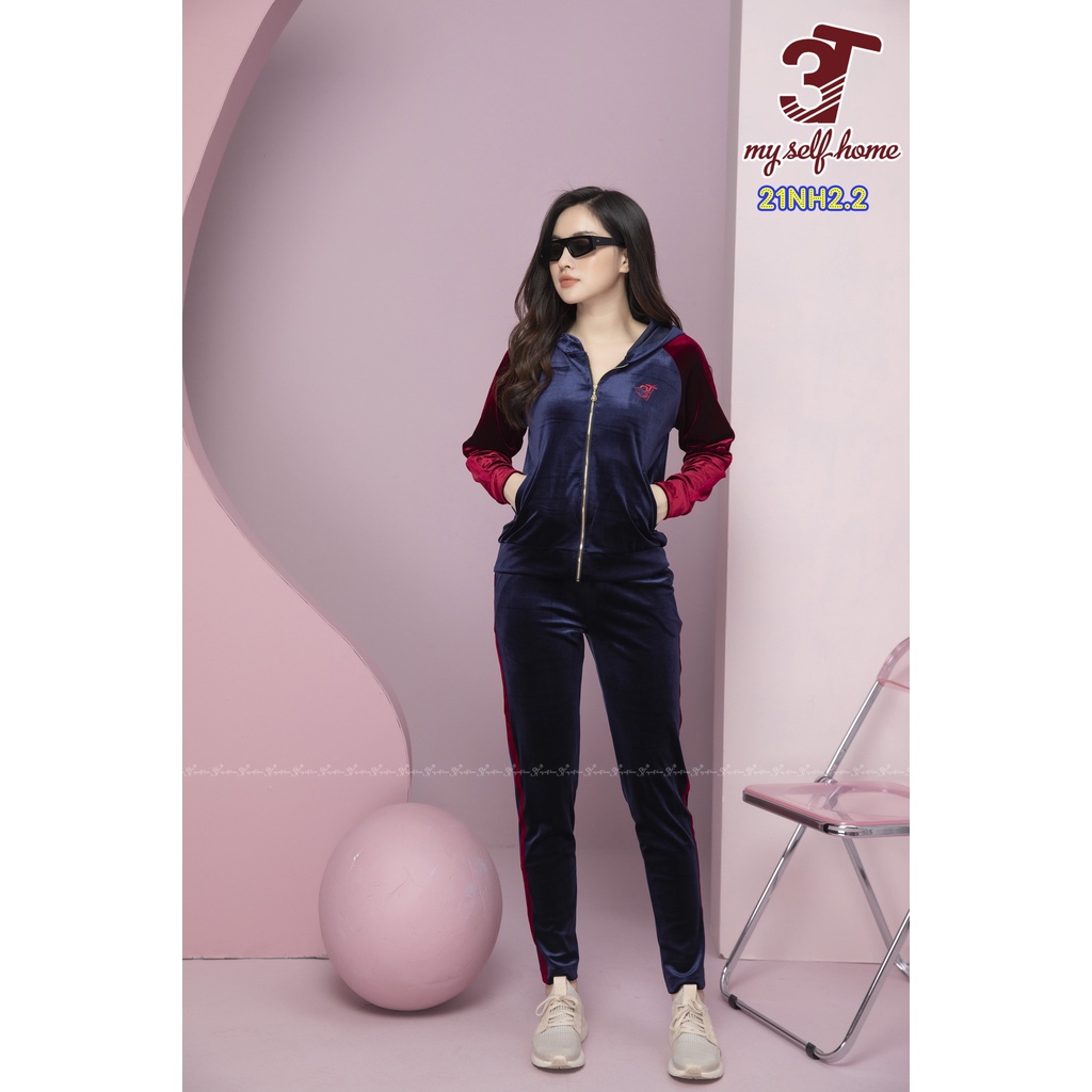 Bộ quần áo mặc nhà 3t myself home chất nhung tuyết có mũ 2021