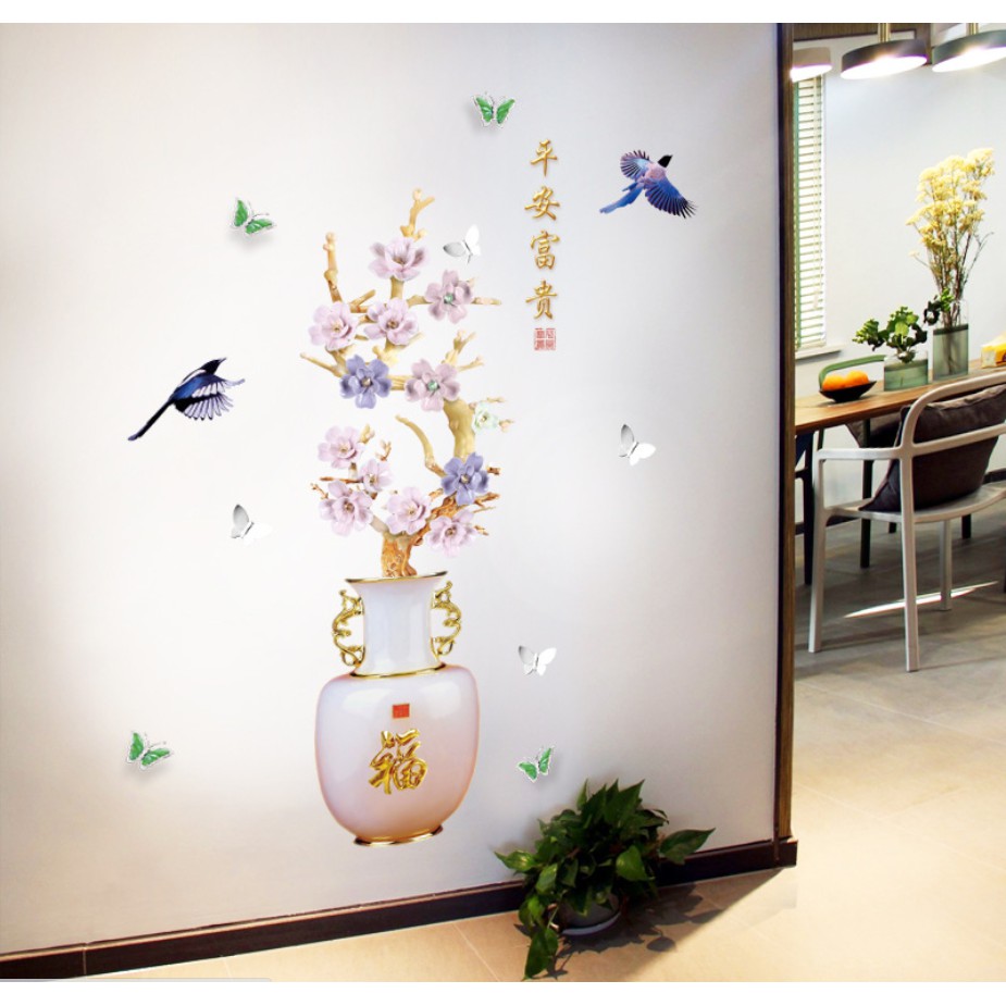 Decal trang trí tường - Chậu Hoa mẫu đơn xanh tím đẳng cấp