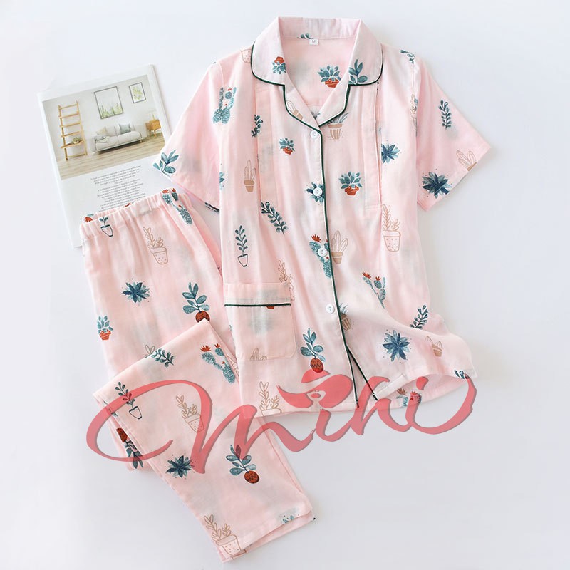 Bộ đồ bầu, sau sinh cho con bú, Pijama thô đũi cực mát ( xương rồng trắng/hồng)