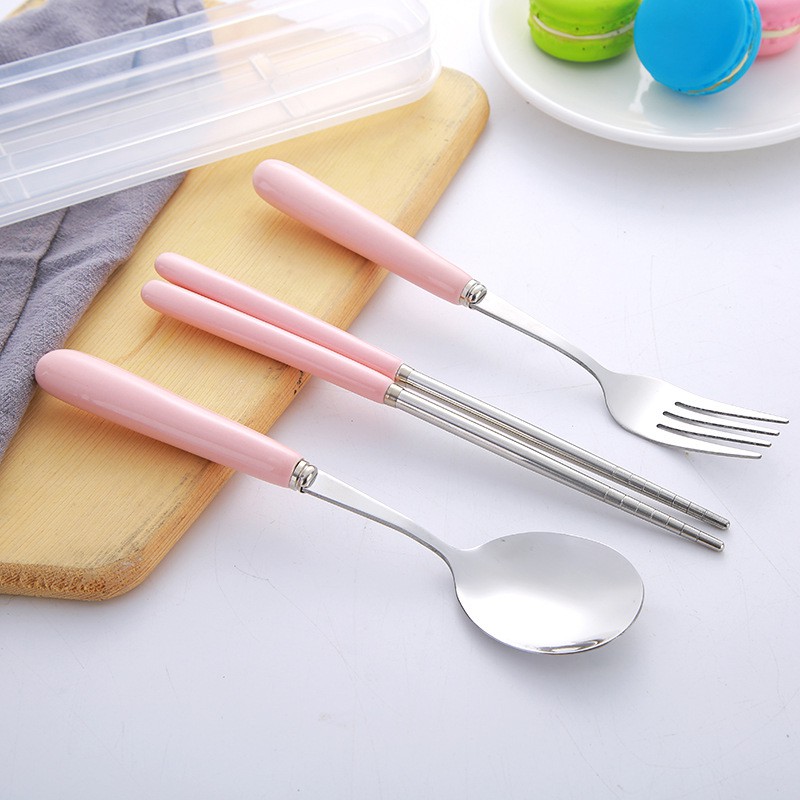 Bộ Đũa Thìa Dĩa Inox 304 Cán Sứ Cao Cấp Có Hộp Đựng Trong Suốt Siêu Dễ Thương bộ đũa thìa dĩa dùng cơm văn phòng,du lịch