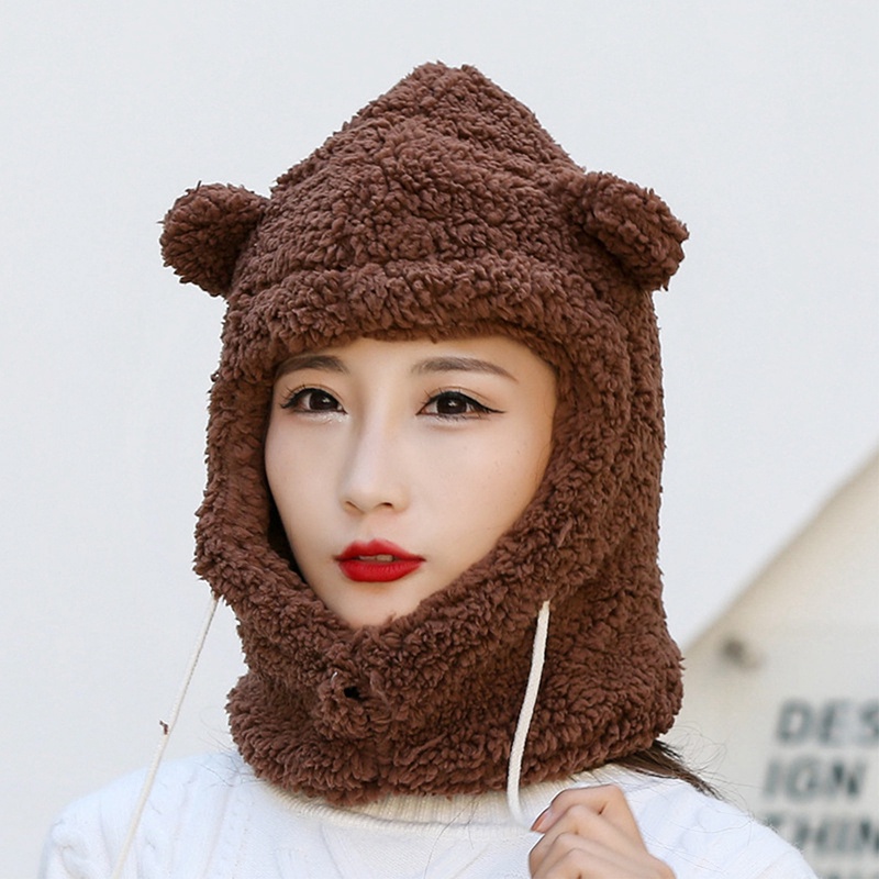 Set Mũ beanie Kèm Khăn Choàng Cổ Đính Tai Gấu Bông Dễ Thương Cho Nữ