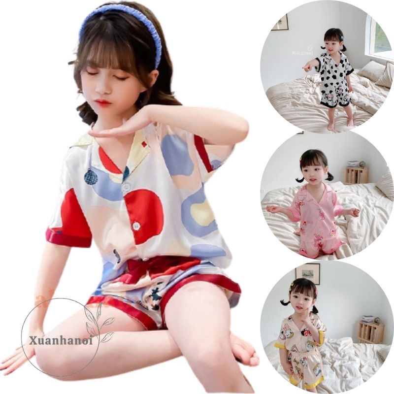 Bộ bé gái Bộ mặc nhà Pijama lụa bé gái Nhí và Đại 8-30kg XHN842