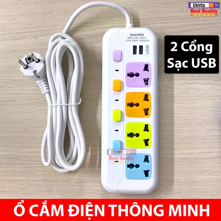 (XÃ KHO) (CHÍNH HÃNG) Ổ ĐIỆN ĐA NĂNG T8624 CÓ 4 Ổ CẮM - 4 CÔNG TẮC - 2 CỔNG USB CÔNG SUẤT 2500W (GIÁ SỐC)