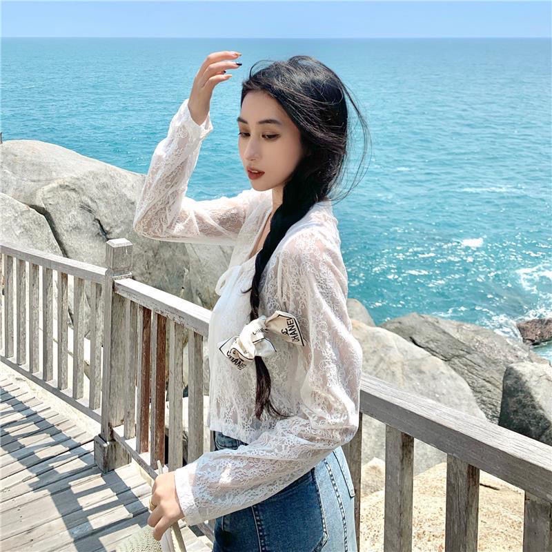 Áo Khoác Cardigan Chống Nắng Tay Dài Vải Lụa Lạnh Phối Ren Màu Trơn Thời Trang Cho Nữ