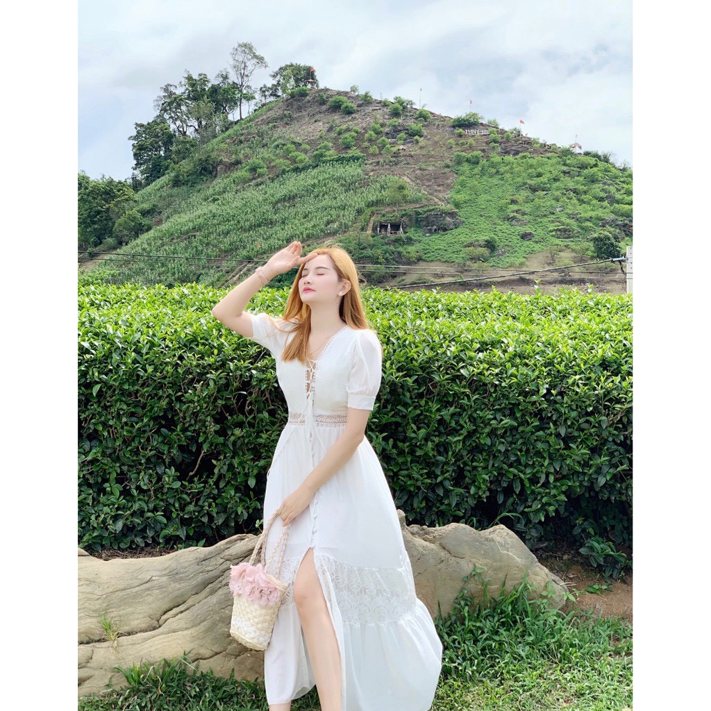 Đầm maxi nữ sẻ tà trắng ren dáng dài tiểu thư công chúa đi biển thích hợp chụp hình kỉ yếu nàng thơ xinh đẹp | BigBuy360 - bigbuy360.vn