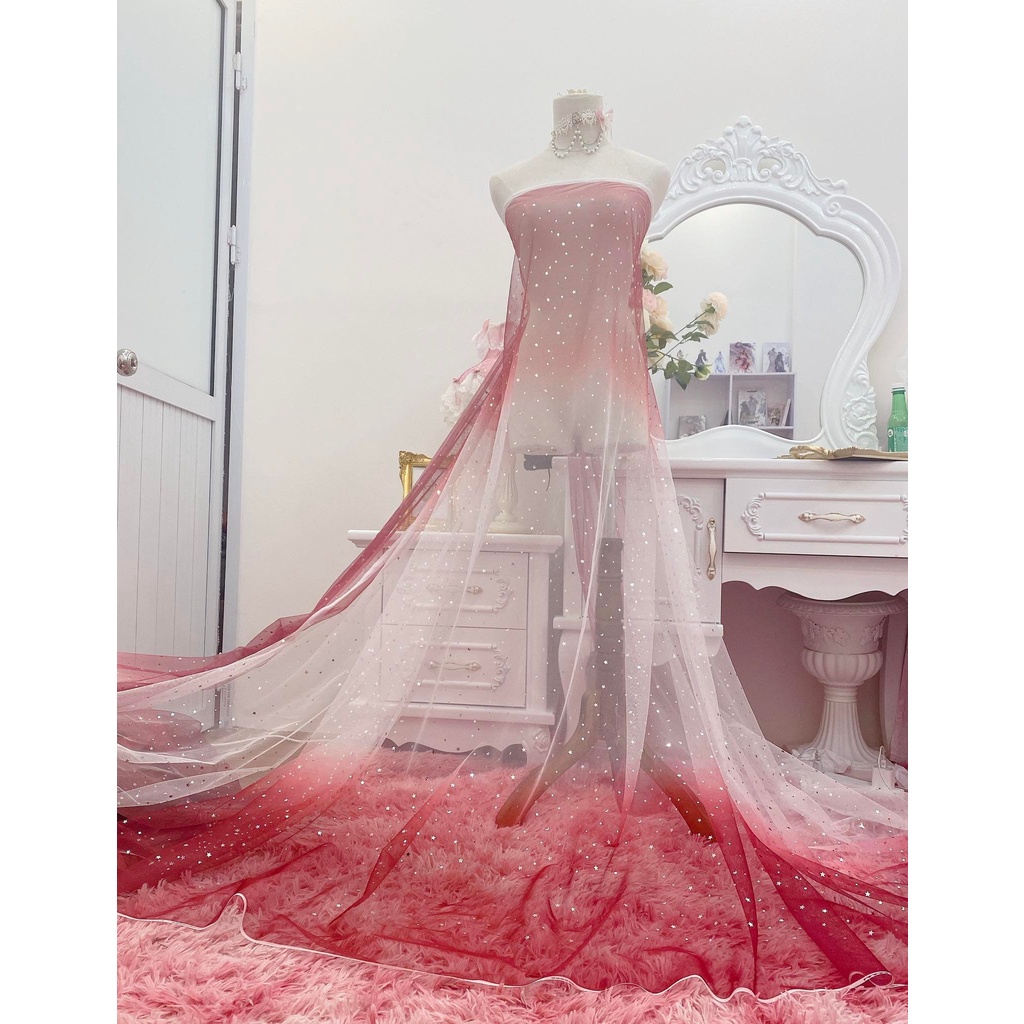Vải lưới đính trăng sao lấp lánh ombre loang màu