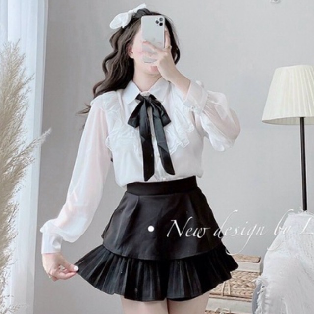 Áo sơ mi nữ cổ nơ viền ren - Hàng đẹp