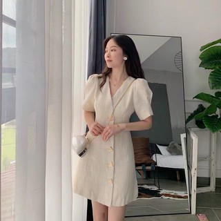 Đầm Sơmi Đính Nút Trắng Kem Công Sở