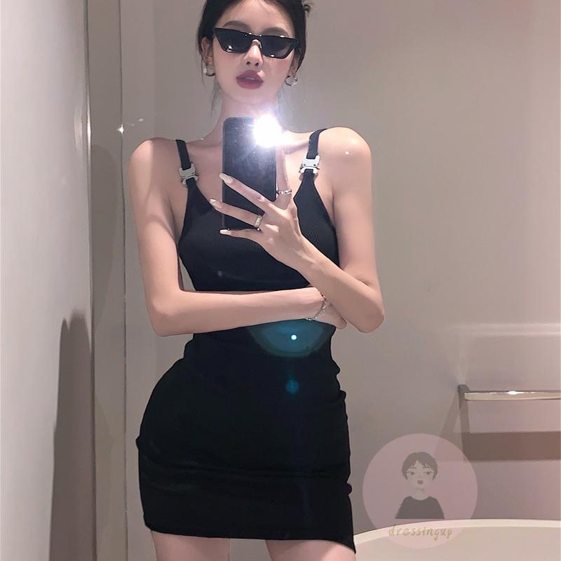 Đầm Mini Hai Dây Dệt Kim Màu Trơn Hở Lưng Thời Trang Mùa Hè Cho Nữ