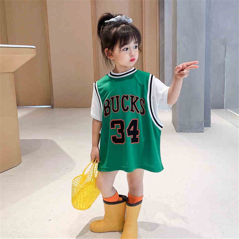 Đầm thun tay ngắn phong cách thể thao thời trang dành cho bé gái