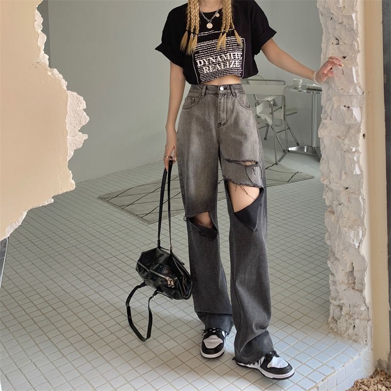 Quần Jeans Dài Lưng Cao Ống Rộng Phối Vết Rách Màu Sắc Vintage Cho Nữ