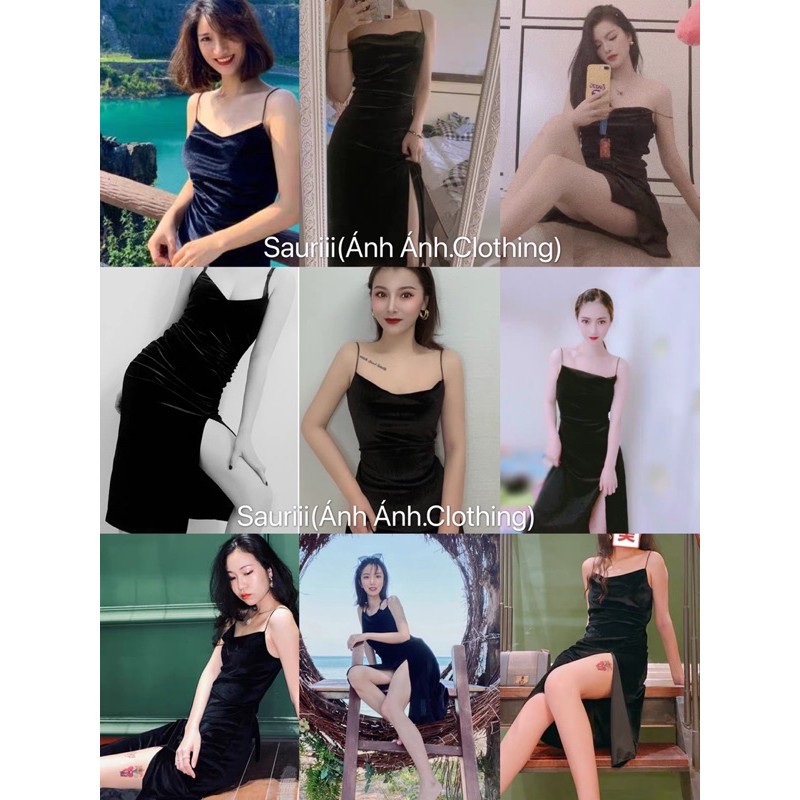 SẴN🖤Đầm dự tiệc hai dây nhung ôm body trơn basic sang chảnh|Đầm suông xẻ sexy dây quyến rũ dáng dài cổ đổ | BigBuy360 - bigbuy360.vn