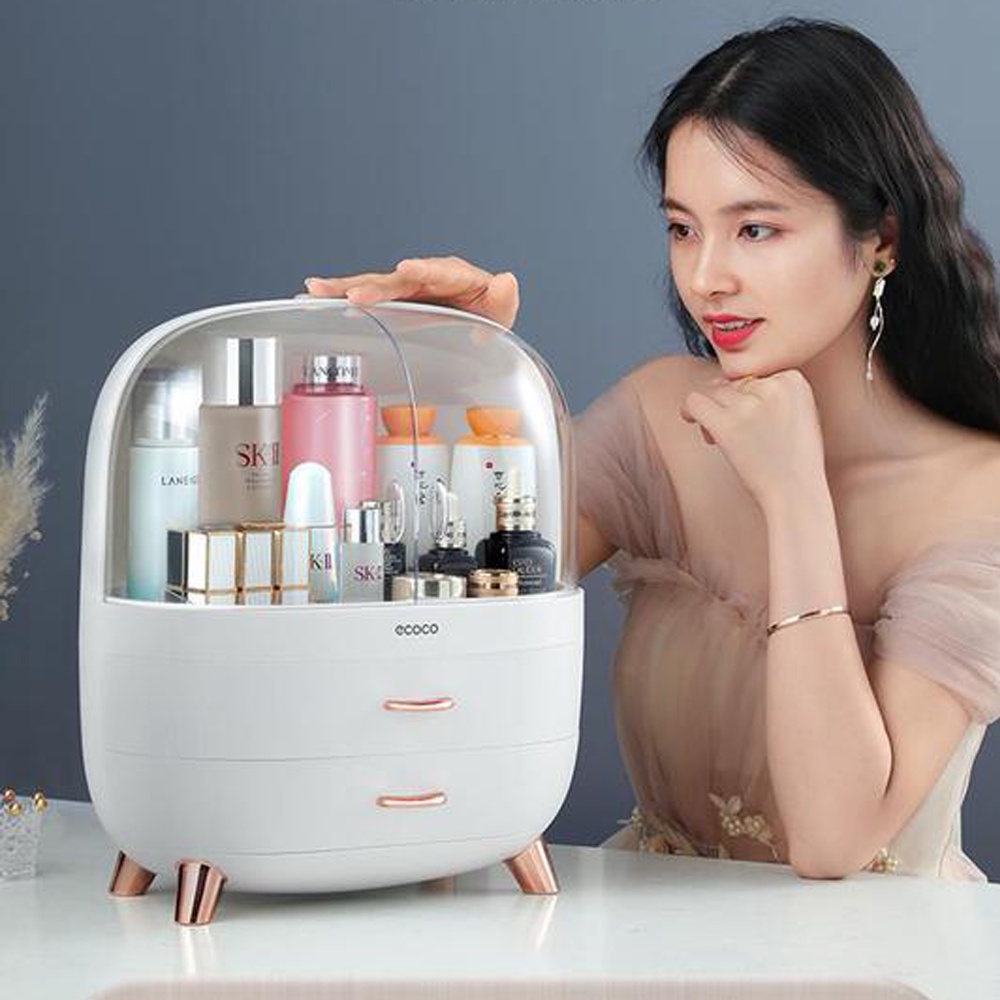 Hộp Đựng Mỹ Phẩm Để Bàn Ecoco Có Nắp Chống Bụi - 2 Ngăn Kéo, Hộp Mỹ Phẩm Mini, Kệ Để Đồ Đa Năng Nhựa ABS Cao Cấp