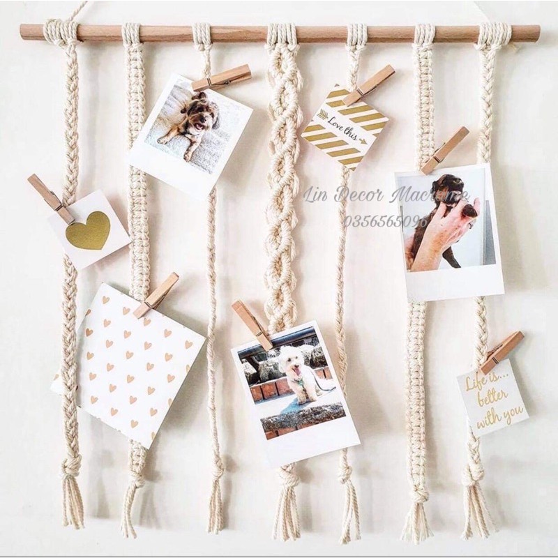 Macrame Đan Dây Trang Trí Treo Ảnh - Tặng kèm 10 kẹp gỗ