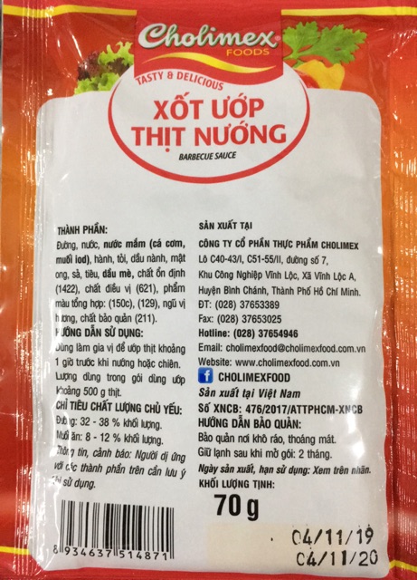 [Mẫu Mới] Xốt Ướp Thịt Nướng Cholimex Gói 70g