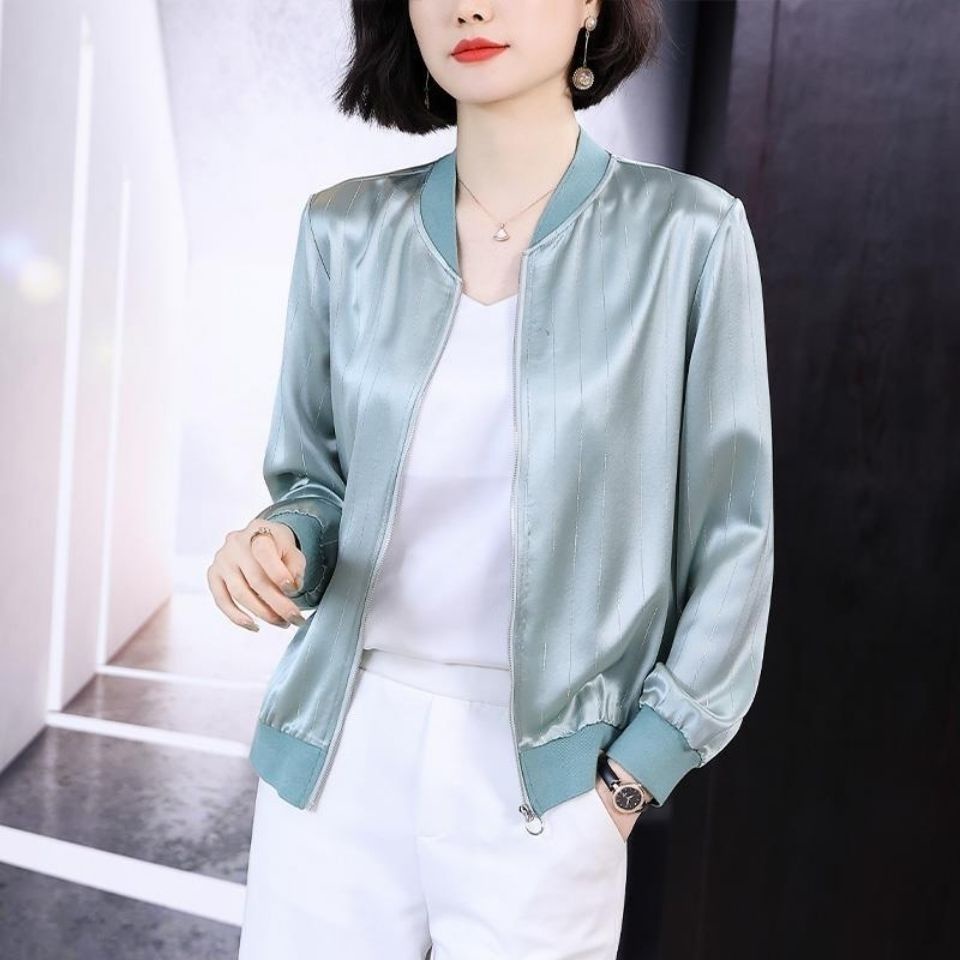 Áo Khoác Bomber Giả Lụa Mỏng Màu Trơn Phối Khóa Kéo Thời Trang Xuân Thu Cho Nữ