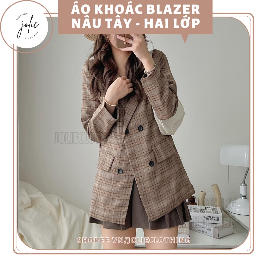 Áo khoác blazer kẻ nâu tây, áo khoác vest hai lớp dáng dài