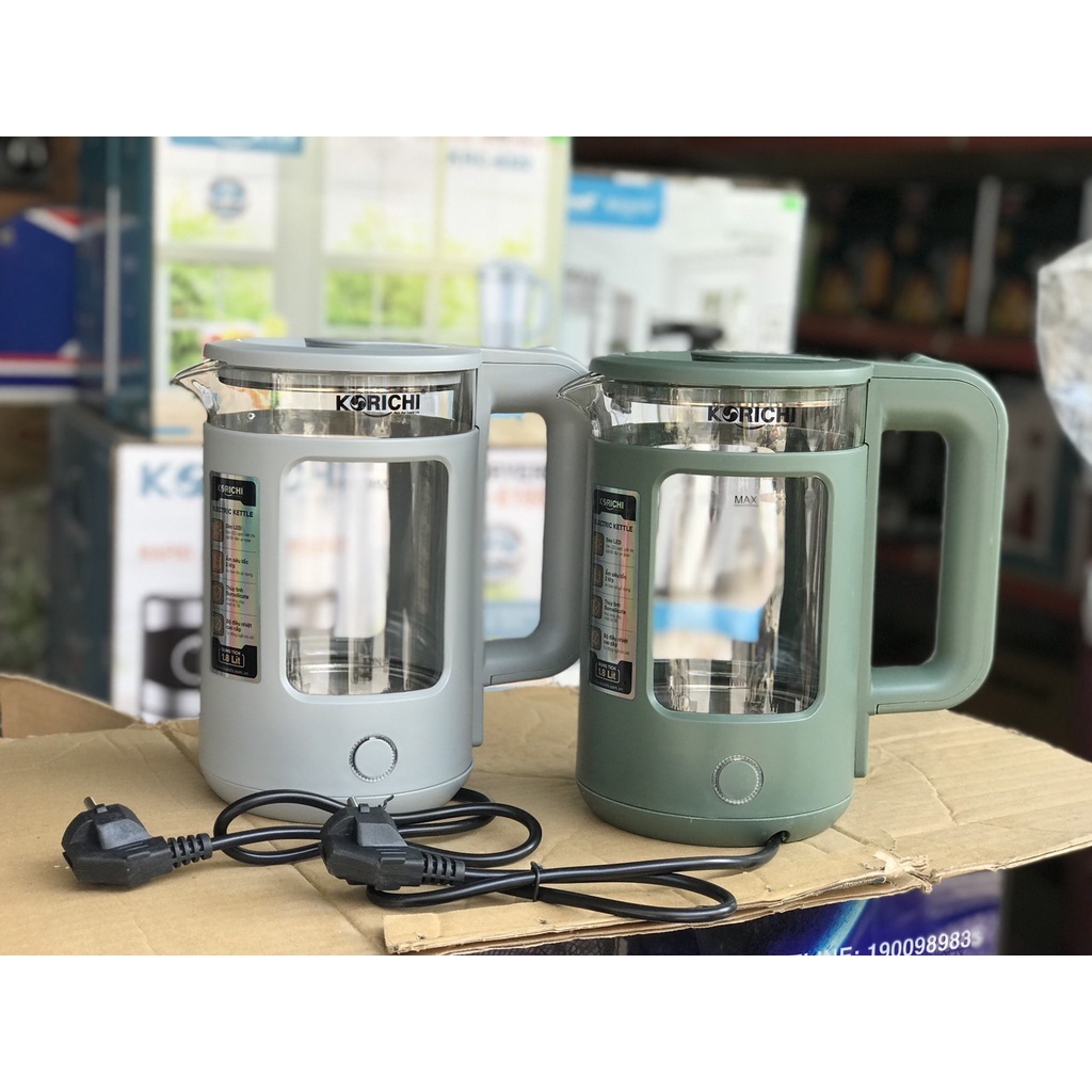 Ấm siêu tốc thuỷ tinh Korichi KRC-5185 hàng chuẩn chính hãng, kiểu dáng hiện đại,có 2 màu xanh và ghi, ấm đun siêu tốc.