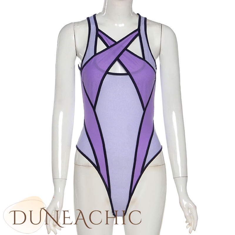 DUNEA Bộ Đồ Liền Thân Phối Lưới Màu Sắc Tương Phản Quyến Rũ Cho Nữ