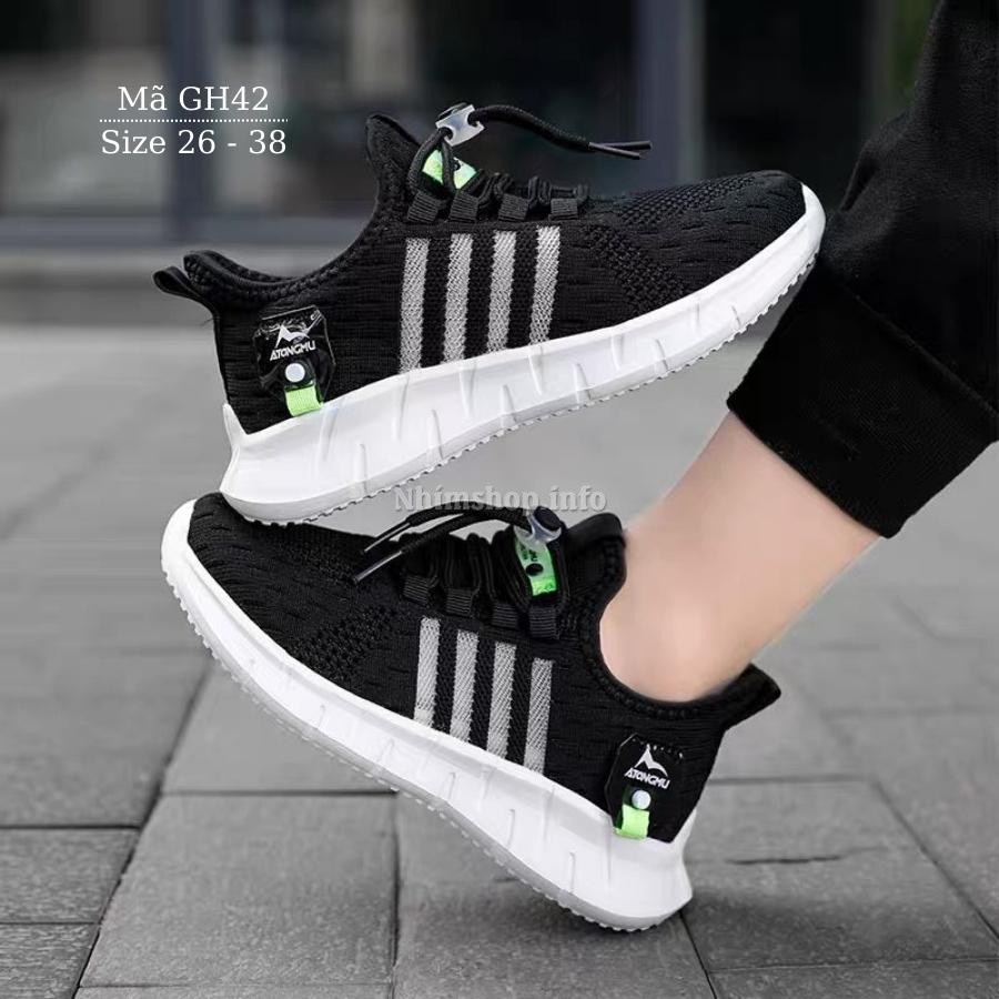 Giày thể thao bé trai màu đen 3 - 12 tuổi khóa rút sành điệu đế siêu nhẹ chống trơn cho trẻ em nam đi học chạy bộ GH42