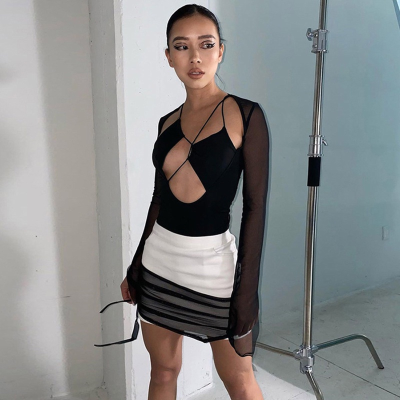 Brroa Bộ Áo Liền Quần Tay Dài Cổ Chữ V Khoét Sâu Phối Lưới Quyến Rũ Phong Cách Harajuku Rompe Cho Nữ