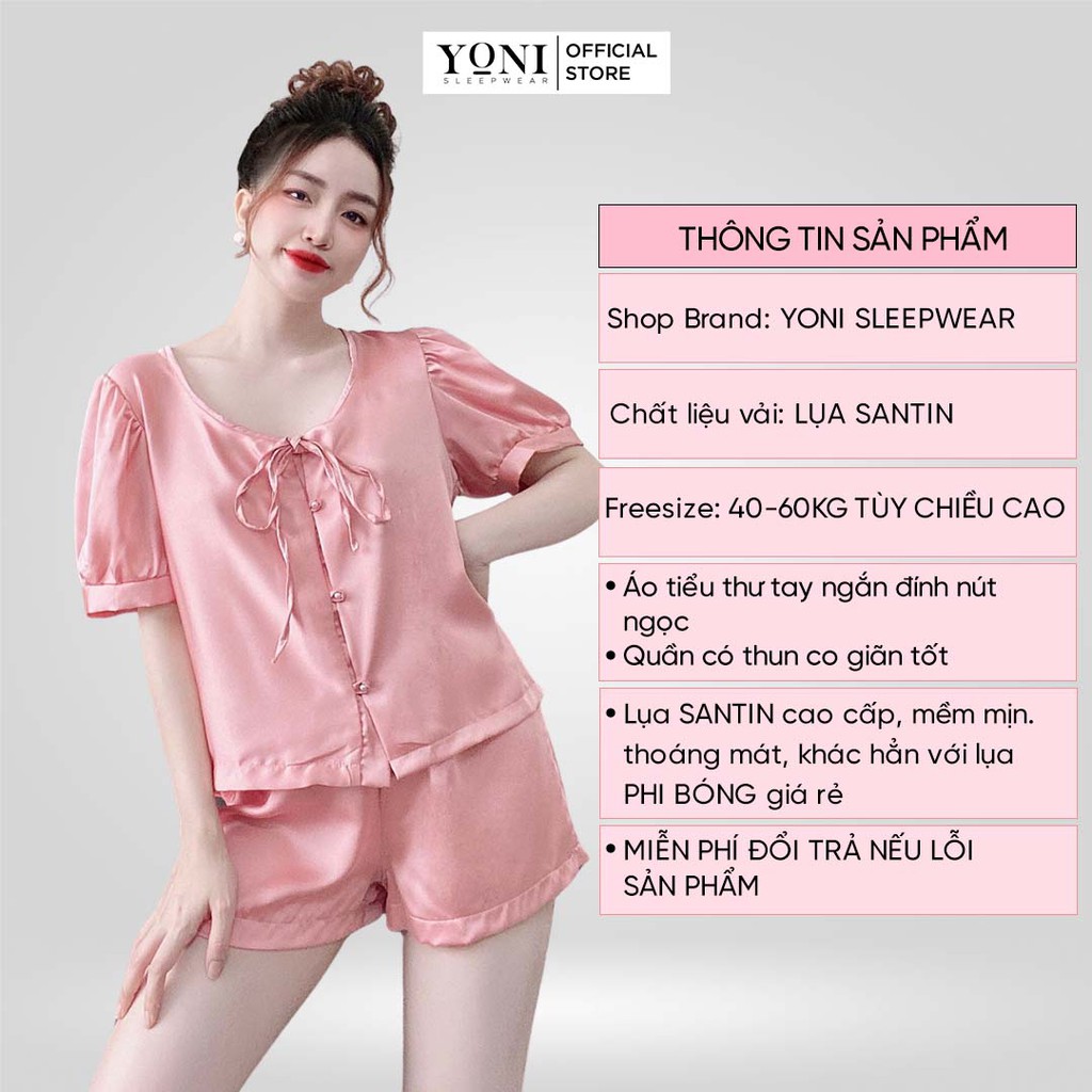 Đồ ngủ tiểu thư tay ngắn đính nút ngọc, lụa satin cao cấp mềm mại, freesize 40-60kg tùy chiều cao YONI 037 | BigBuy360 - bigbuy360.vn