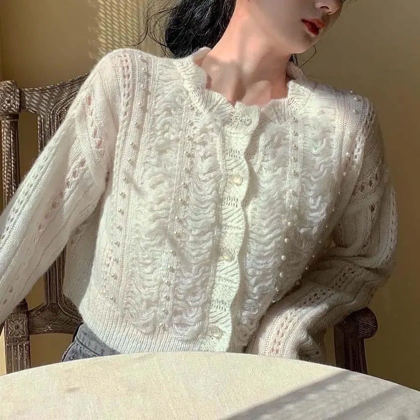 Áo khoác Cardigan đính ngọc trai phong cách retro dễ phối đồ