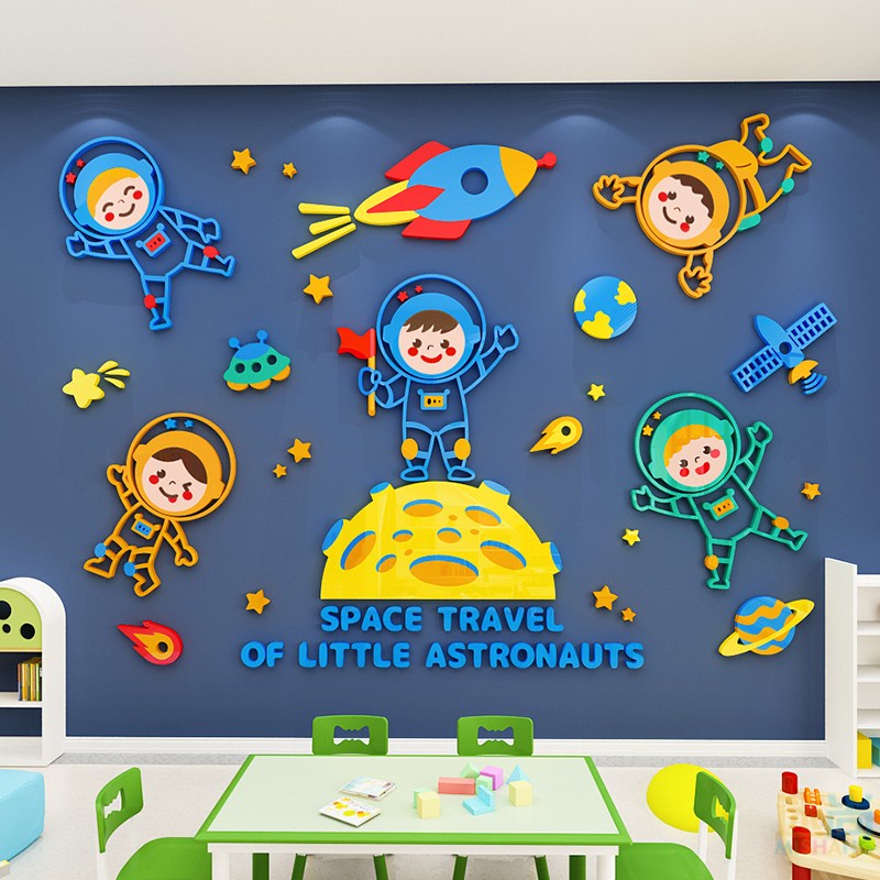 Tranh mica dán tường các em bé phi hành gia du hành không gian hành tinh trang trí phòng cho bé, mẫu giáo nhà trẻ