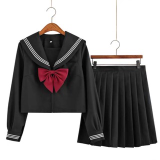 [Kèm ảnh thật] Seifuku/ Set váy đồng phục học sinh Nhật Bản màu đen: áo cổ thủy thủ kẻ sọc + chân váy xoè