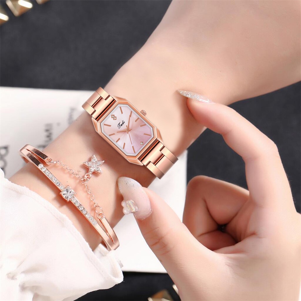 Đồng hồ thạch anh mặt chữ nhật đính hột xoàn dây thép không gỉ cho nữ