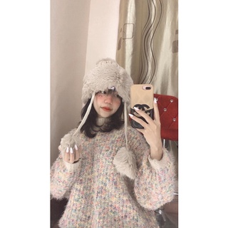 Mũ len thừng phối lông dây quả bông