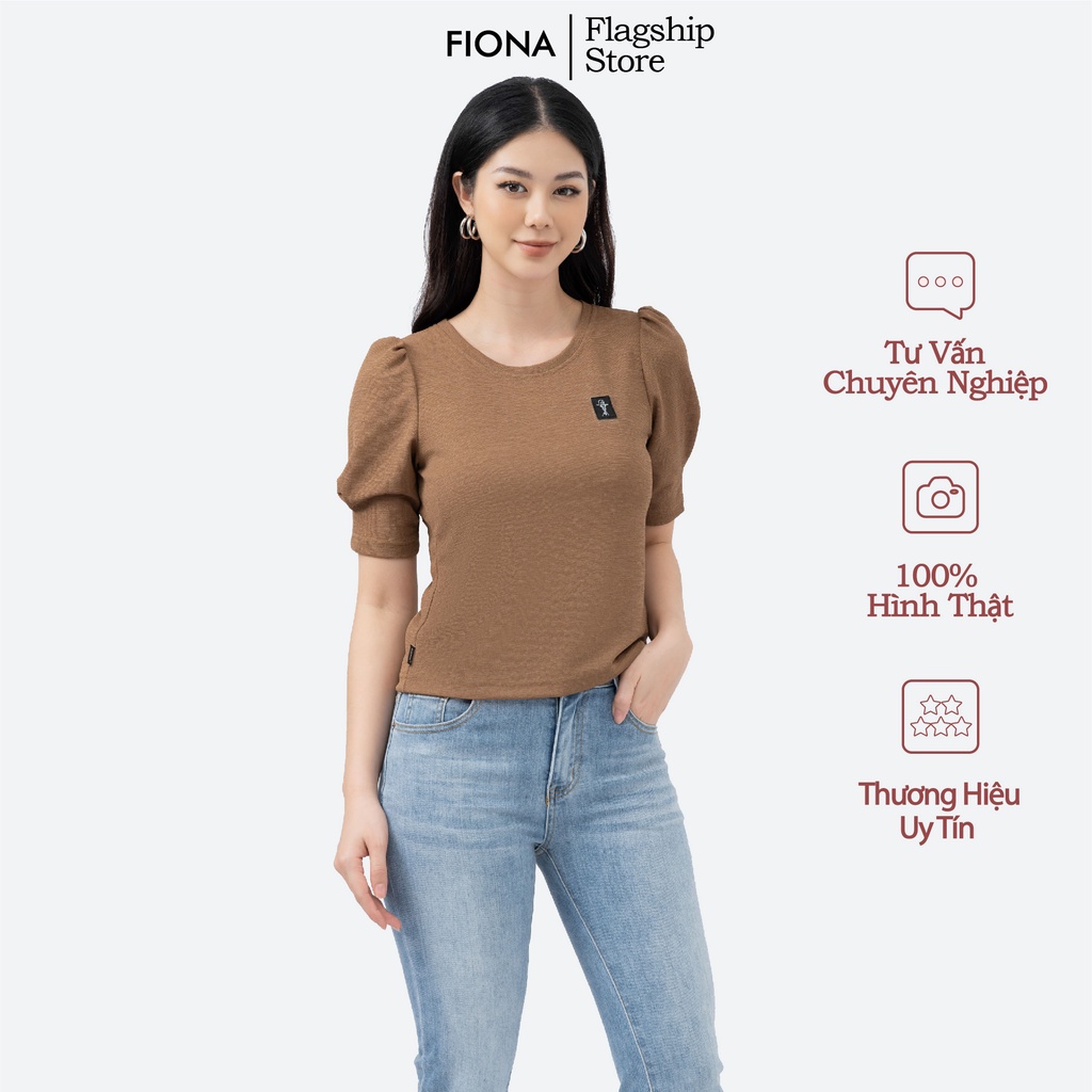 Áo cotton nữ croptop, áo thun nữ cổ tròn tay ngắn đính trang trí ngực FIONA F521248