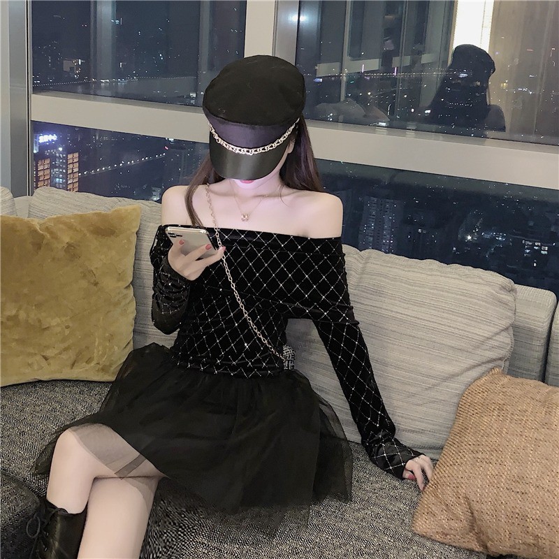 Đầm tay dài áo đen hạ vai hở lưng bling bling lấp lánh phối váy xòe ulzzang