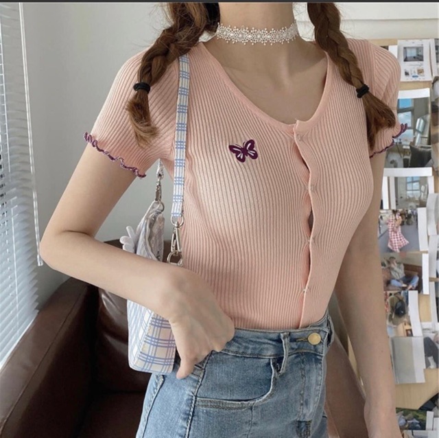 [ẢNH THẬT+VIDEO] Áo Croptop Len Mongini Viền Bèo Cúc Dọc Nhiều Màu