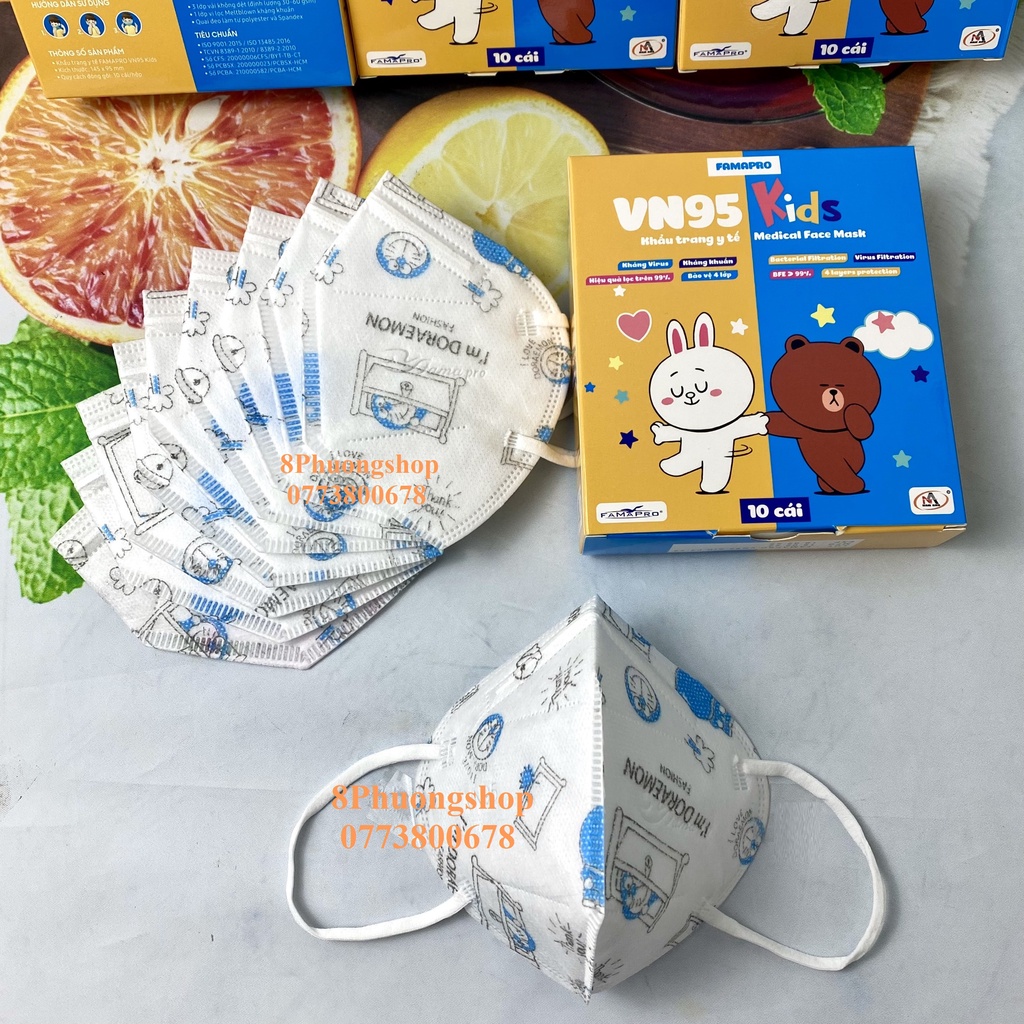 Khẩu trang FAMAPRO VN95 KIDS cho Bé in hình 4 lớp kháng khuẩn 10 cái / hộp