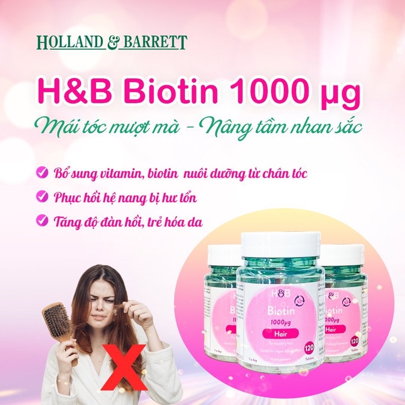 Viên uống mọc tóc Holland and Barret Biotin 1000mg 120 viên Anh Quốc
