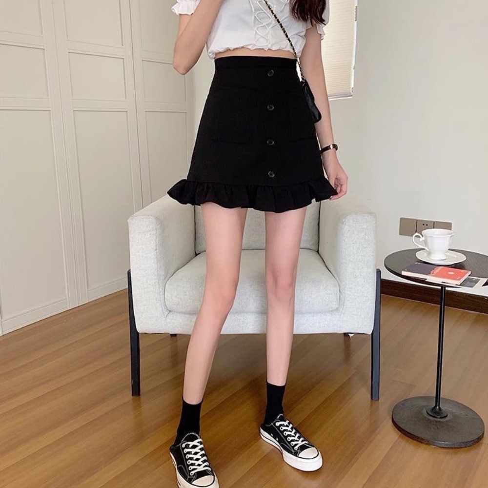 Chân váy nữ, chân váy midi phối cúc chất kaki màu đen size S M L SKUCV-04A